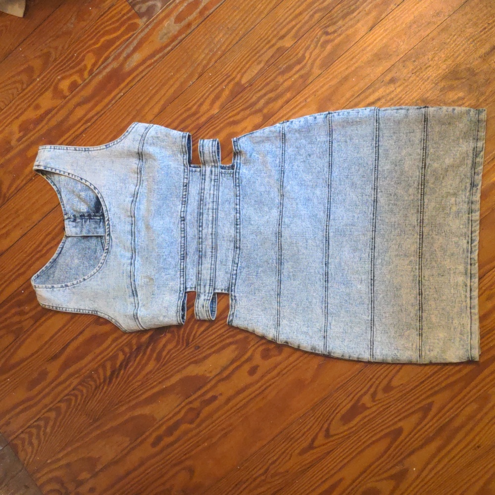 Acid washed stretchy, comfy, cute, cut out denim mini dress